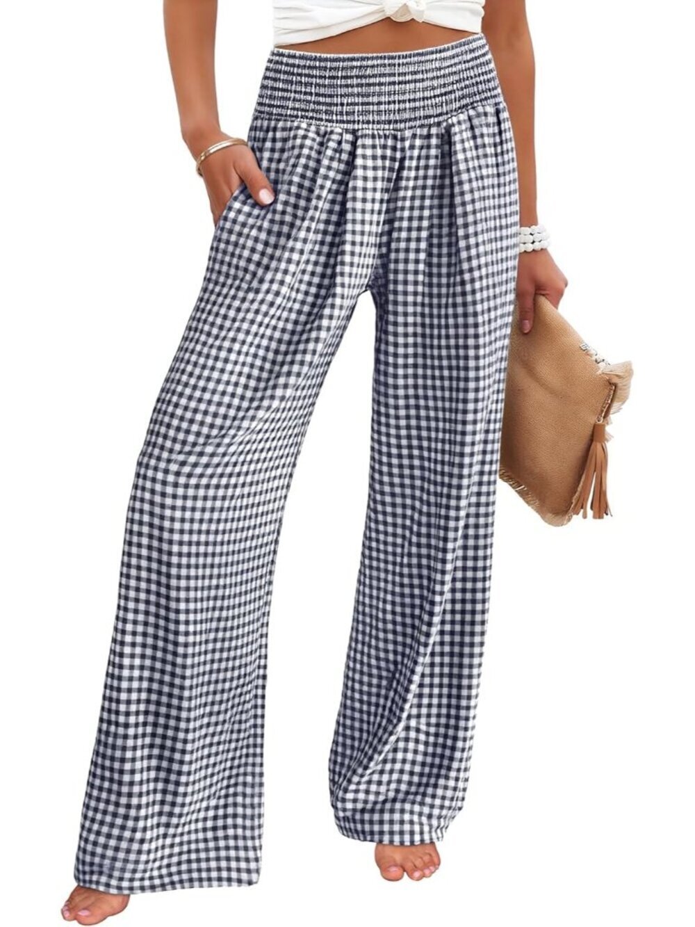 Women's Navy Blue Plaid Striped Casual Wide Leg High Waisted Palazzo Pants - Picture 1 of 6